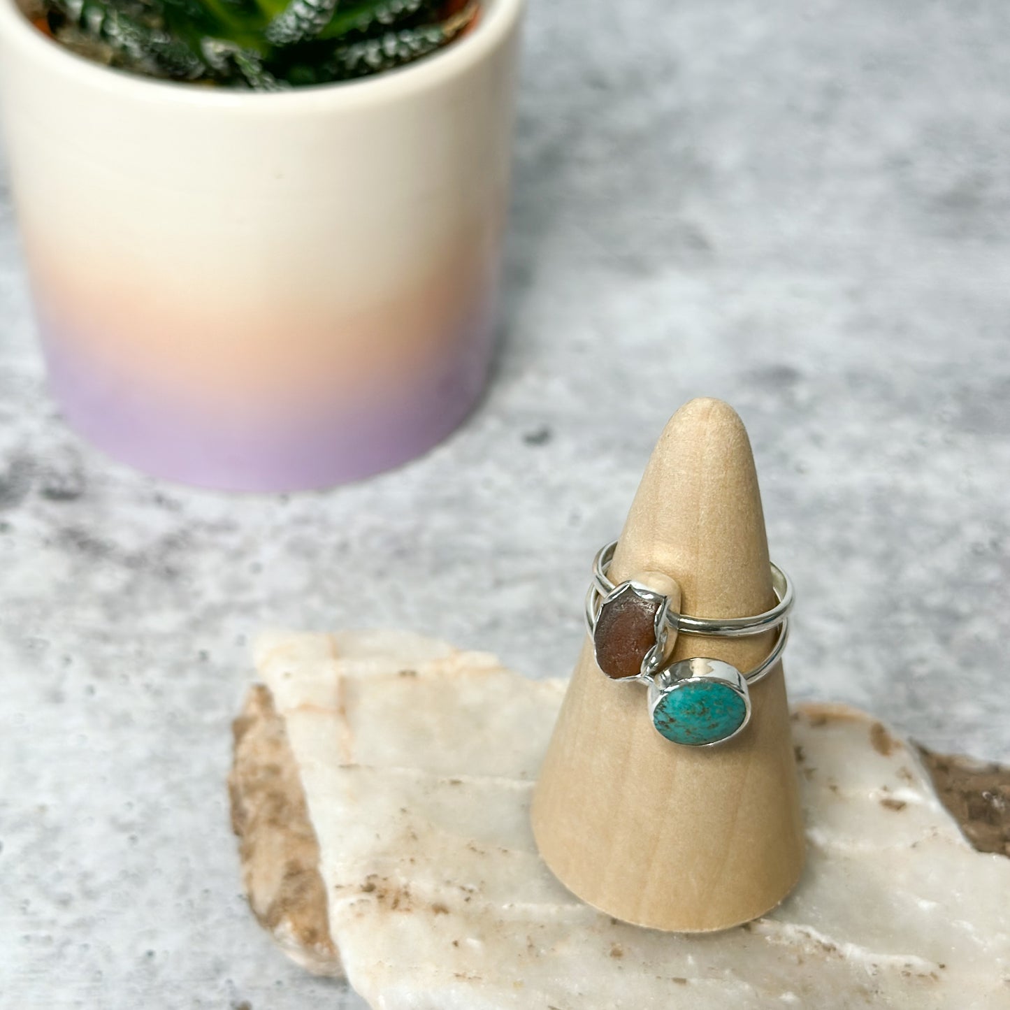 Turquoise & Brown Sea Glass Sterling Silver Stacker Rings