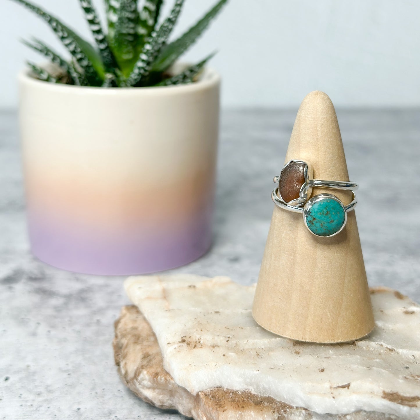 Turquoise & Brown Sea Glass Sterling Silver Stacker Rings