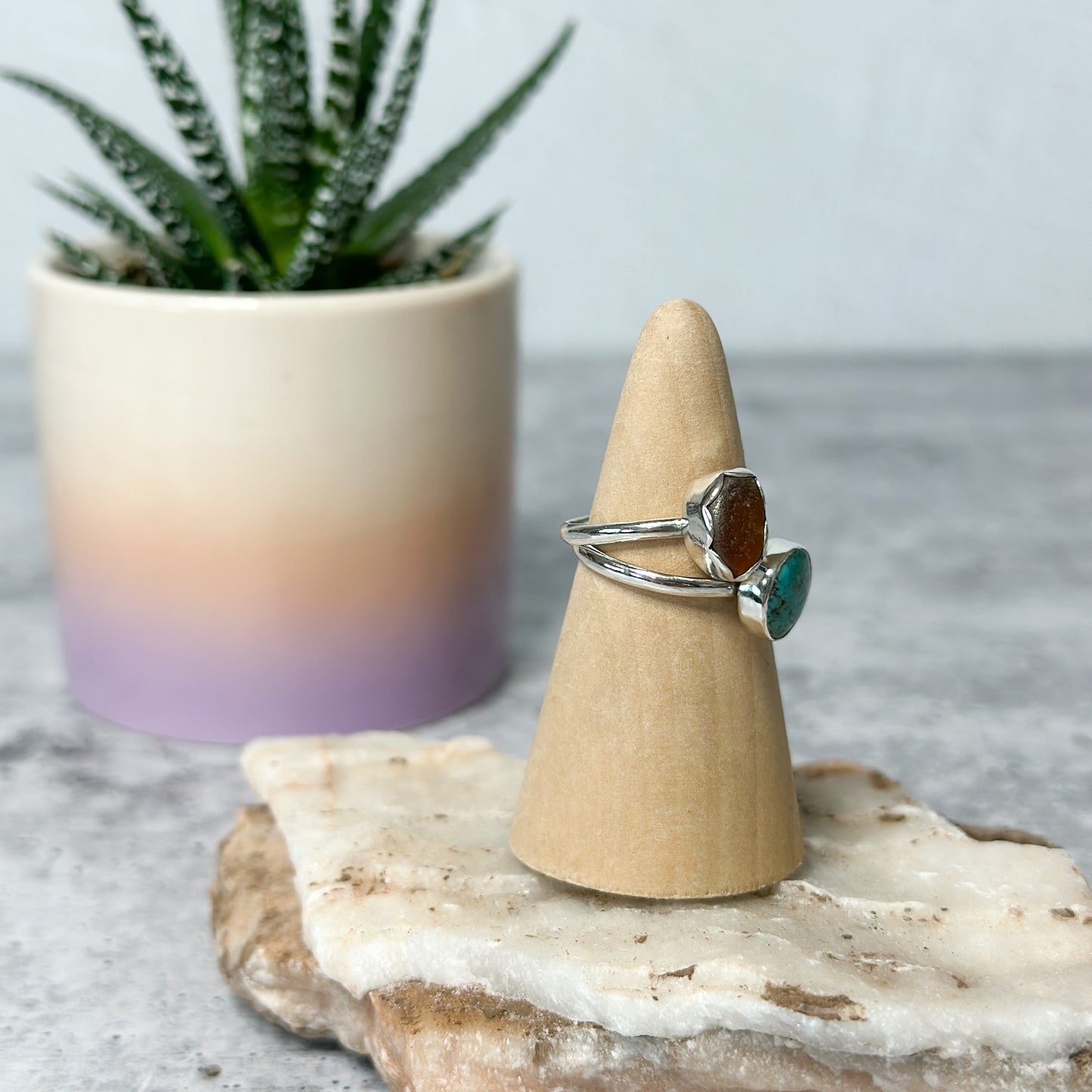 Turquoise & Brown Sea Glass Sterling Silver Stacker Rings