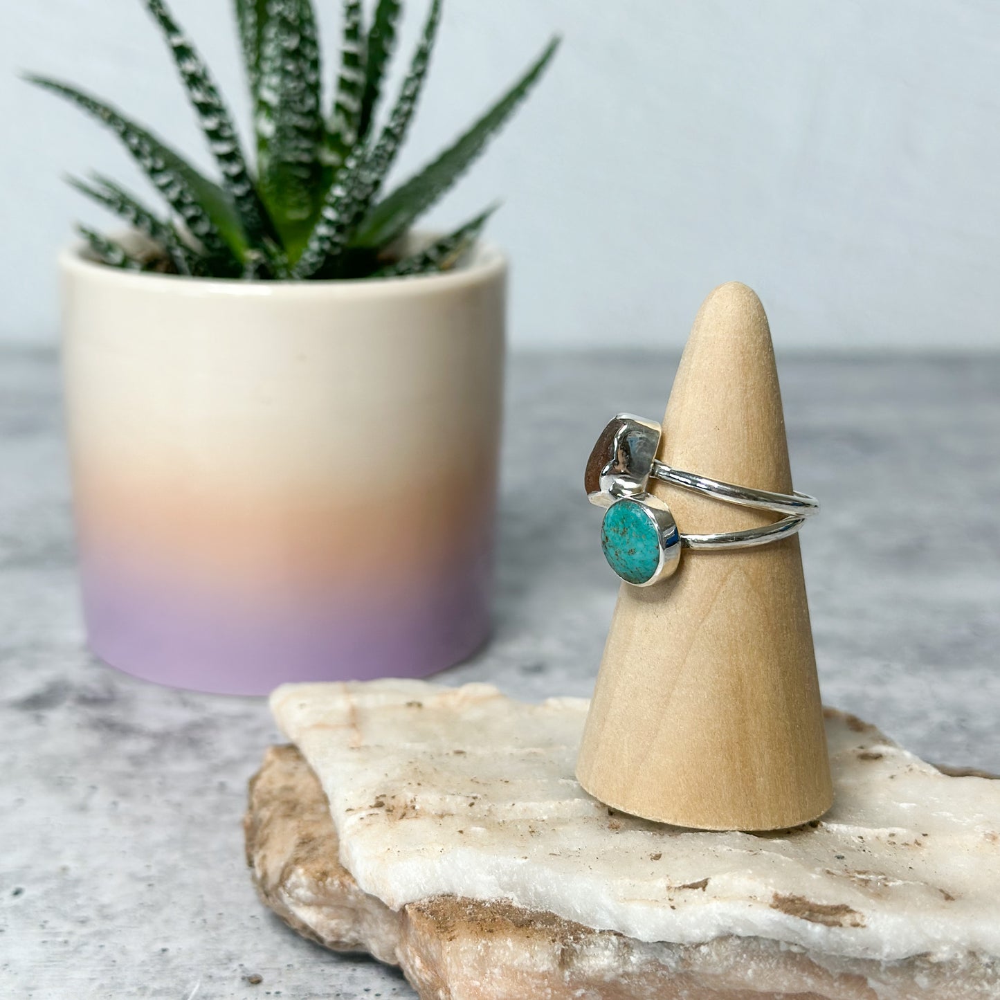Turquoise & Brown Sea Glass Sterling Silver Stacker Rings