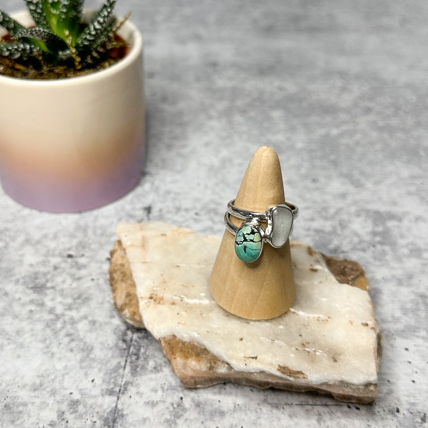Turquoise & White Sea Glass Sterling Silver Stacker Rings
