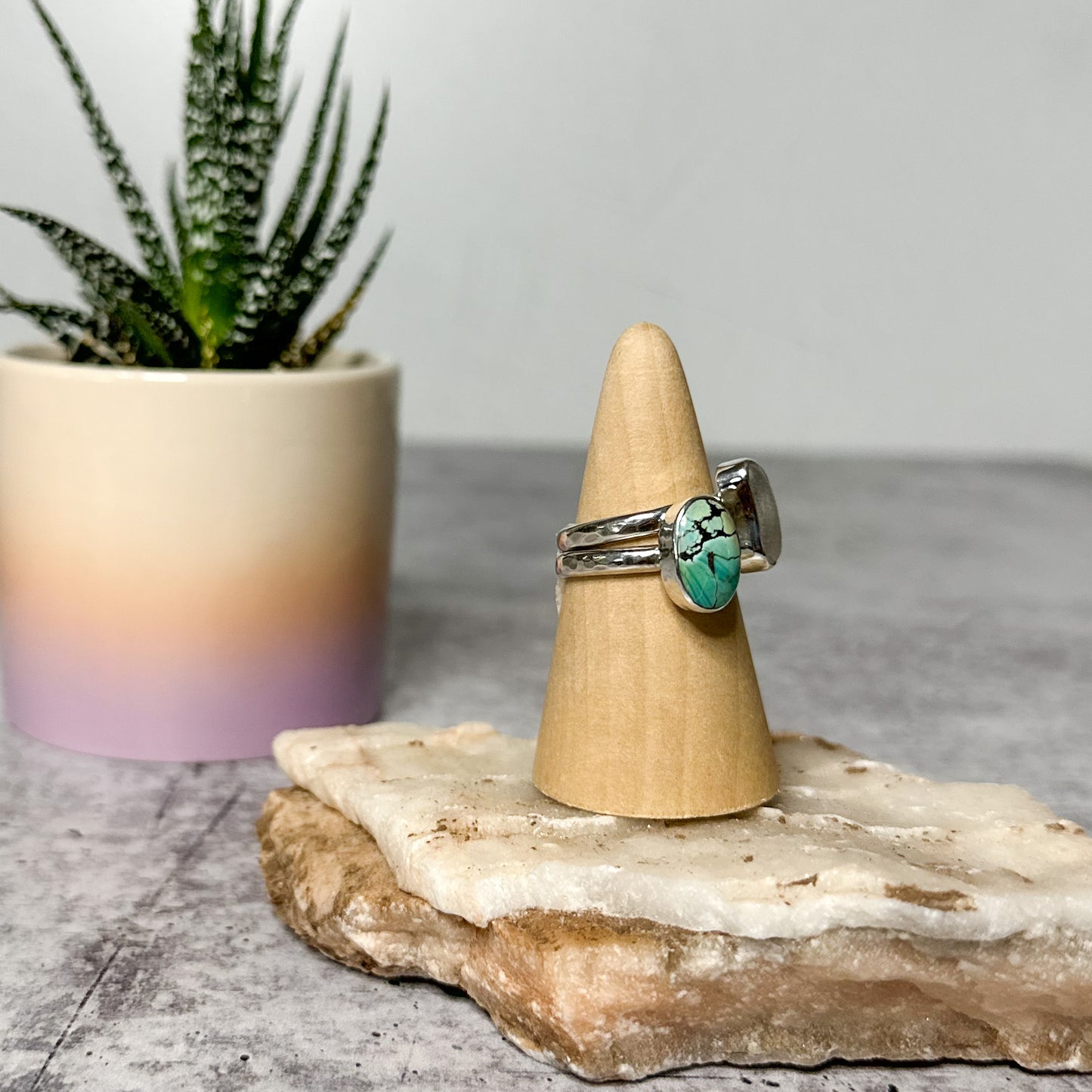 Turquoise & White Sea Glass Sterling Silver Stacker Rings