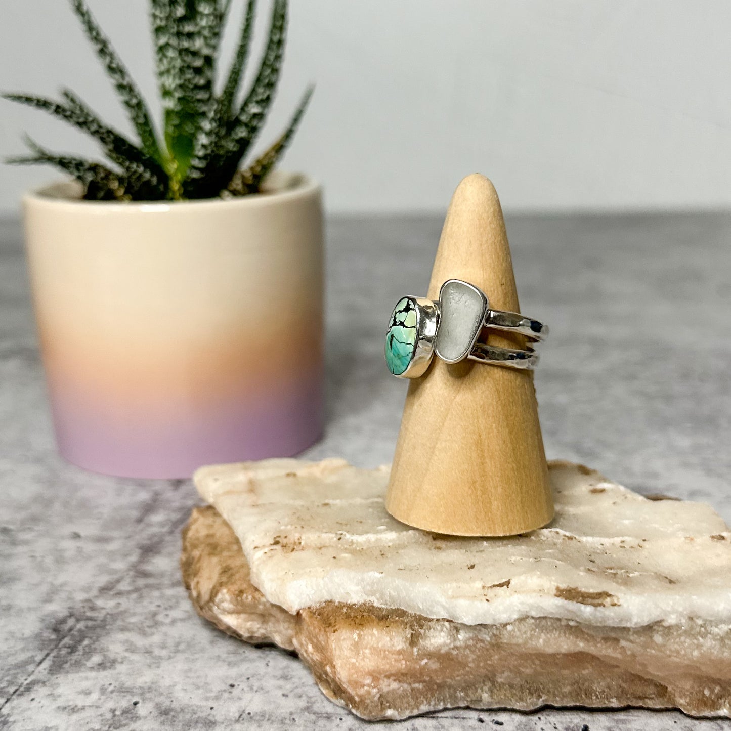 Turquoise & White Sea Glass Sterling Silver Stacker Rings