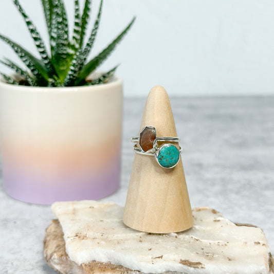 Turquoise & Brown Sea Glass Sterling Silver Stacker Rings