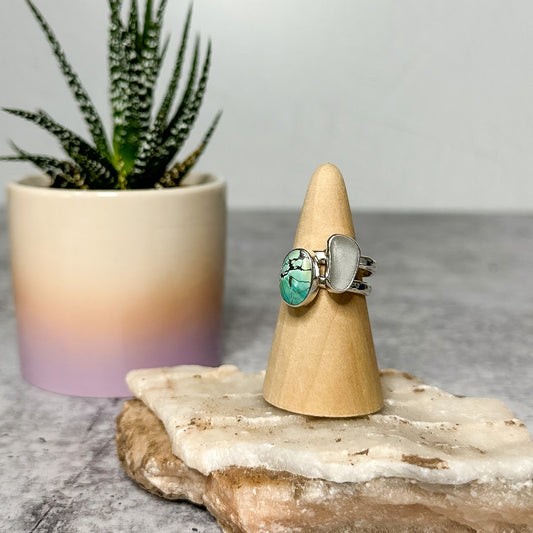 Turquoise & White Sea Glass Sterling Silver Stacker Rings