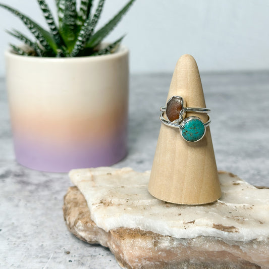 Turquoise & Brown Sea Glass Sterling Silver Stacker Rings