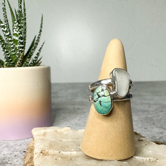 Turquoise & White Sea Glass Sterling Silver Stacker Rings