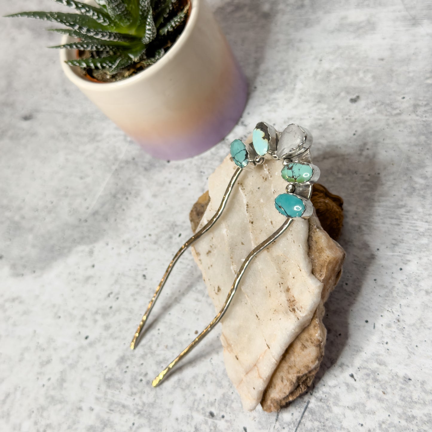 Turquoise & Sea Glass Sterling Silver Hair Fork