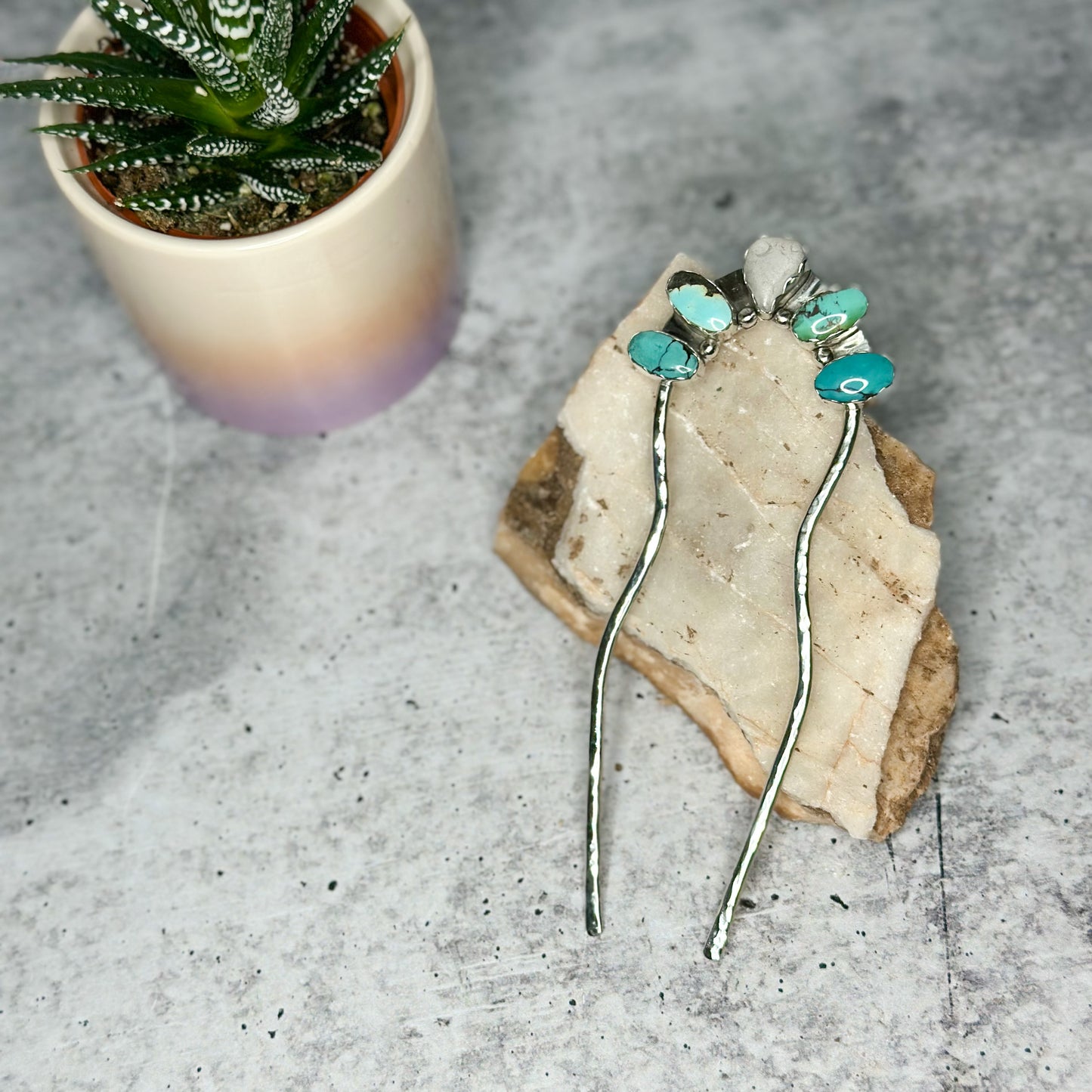 Turquoise & Sea Glass Sterling Silver Hair Fork