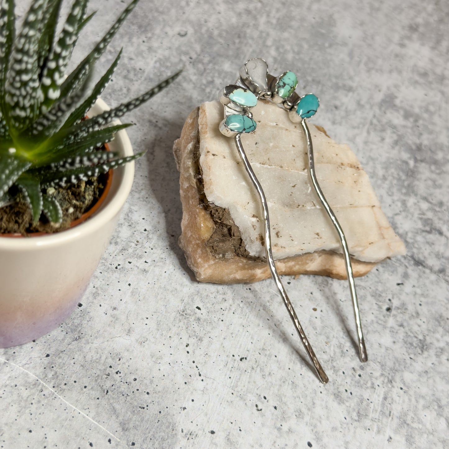 Turquoise & Sea Glass Sterling Silver Hair Fork