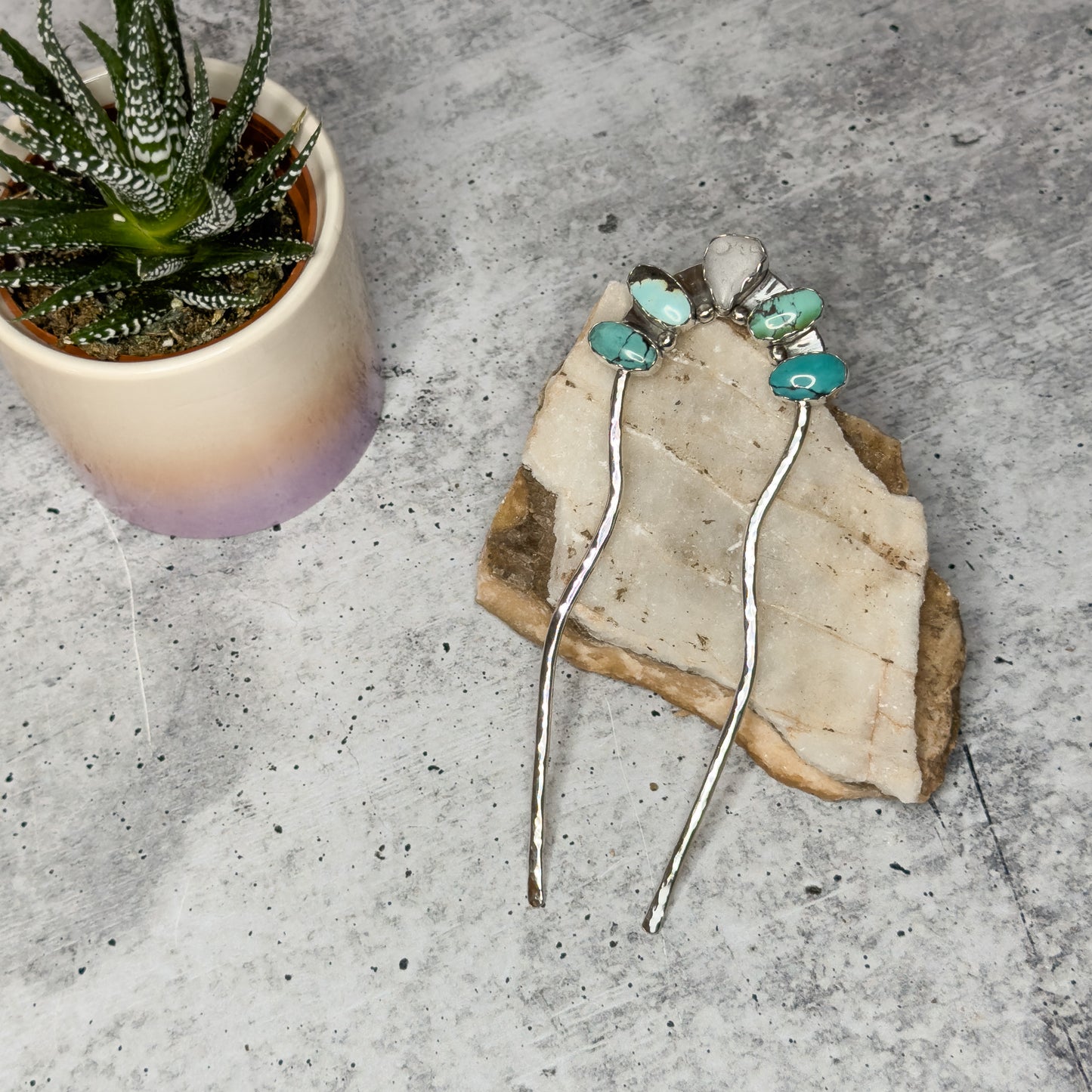 Turquoise & Sea Glass Sterling Silver Hair Fork